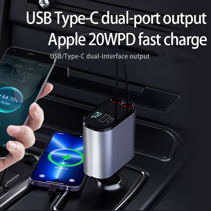 Newest 4-in-1 Multi-Port Automotive Quick Charger with Retractable Cables and PD Charging for Cellular Telephones